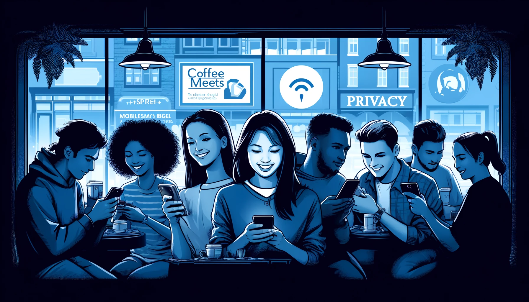 An illustrated secure digital path leading to love with Coffee Meets Bagel, featuring privacy icons.