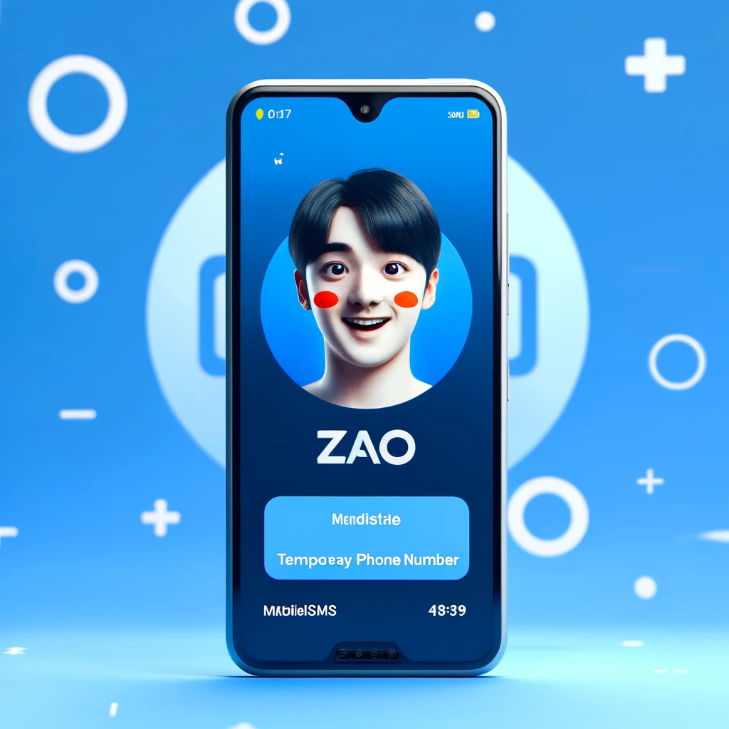 Smartphone displaying the ZAO app with a face swap, Chinese flag in the background, and MobileSMS.io logo.