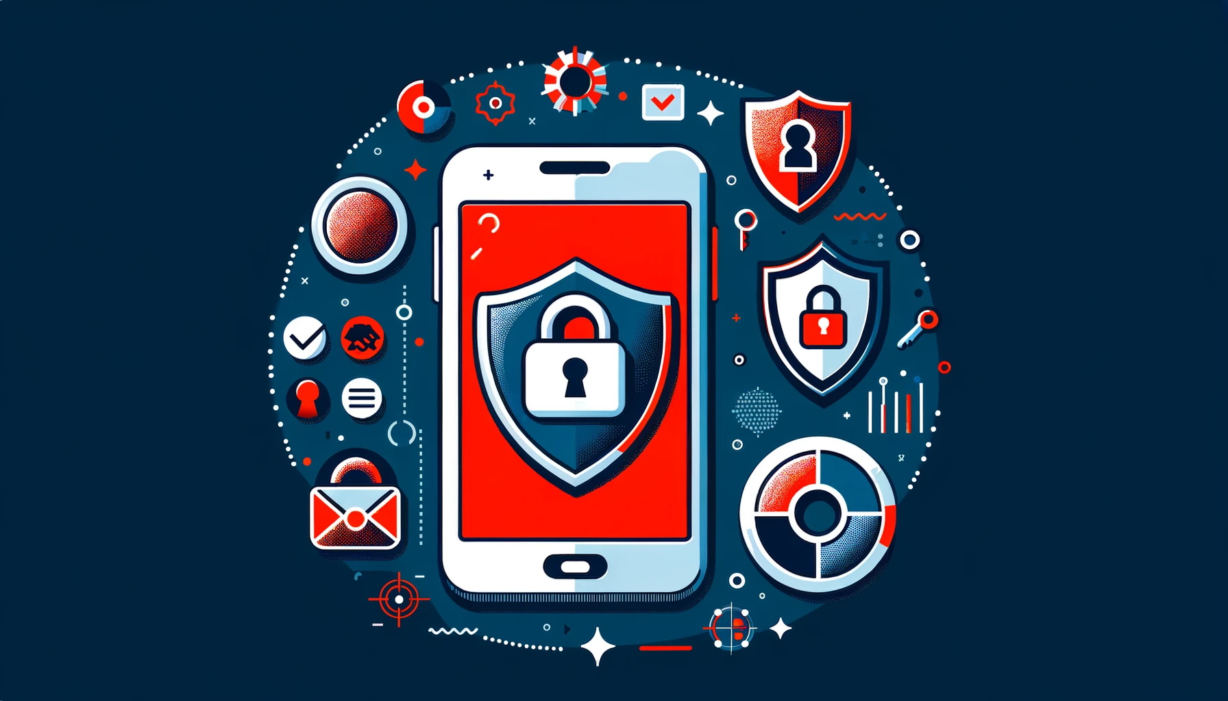 A featured image showcasing the benefits of using burner phone numbers online, symbolizing privacy and security in digital communication. It features a mobile phone with a lock icon, a shield, and abstract digital security symbols in a color scheme of red, white, and dark navy.