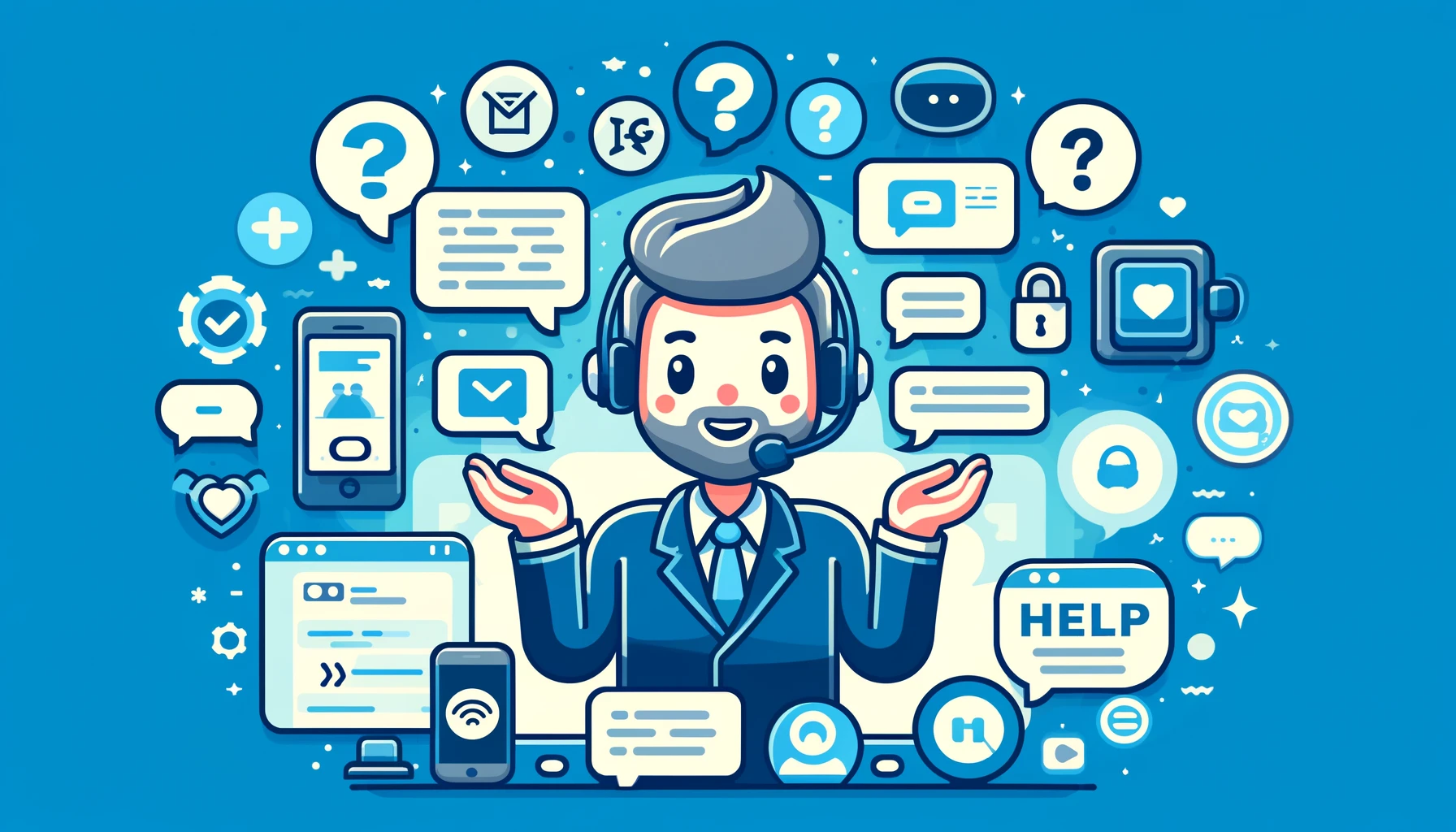 Cartoon illustration of a customer support scene with FAQs and support options for MobileSMS.io users.
