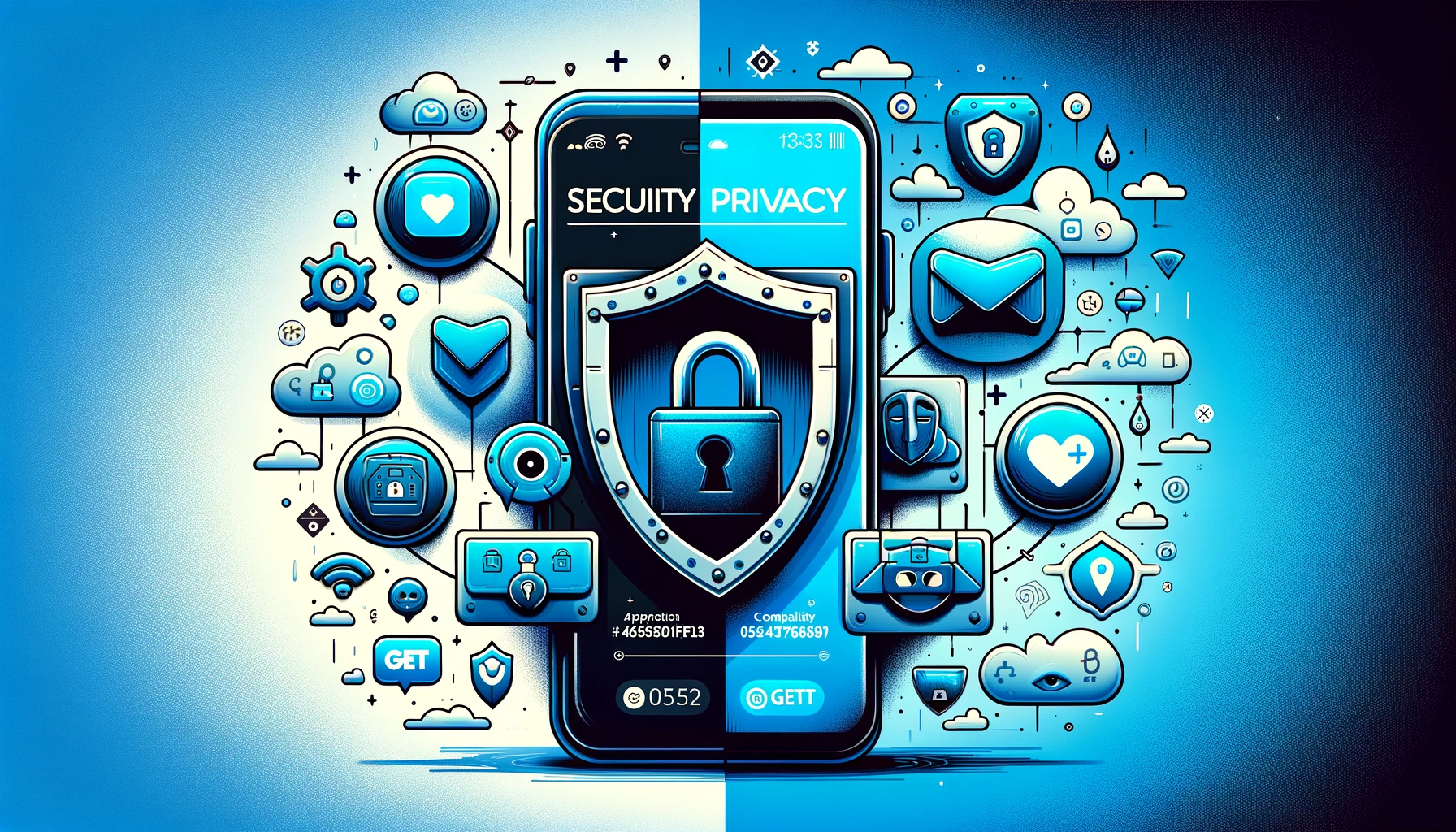 Image depicting MobileSMS.io's secure interface on one side and its compatibility with various apps on the other, highlighting privacy and security features.