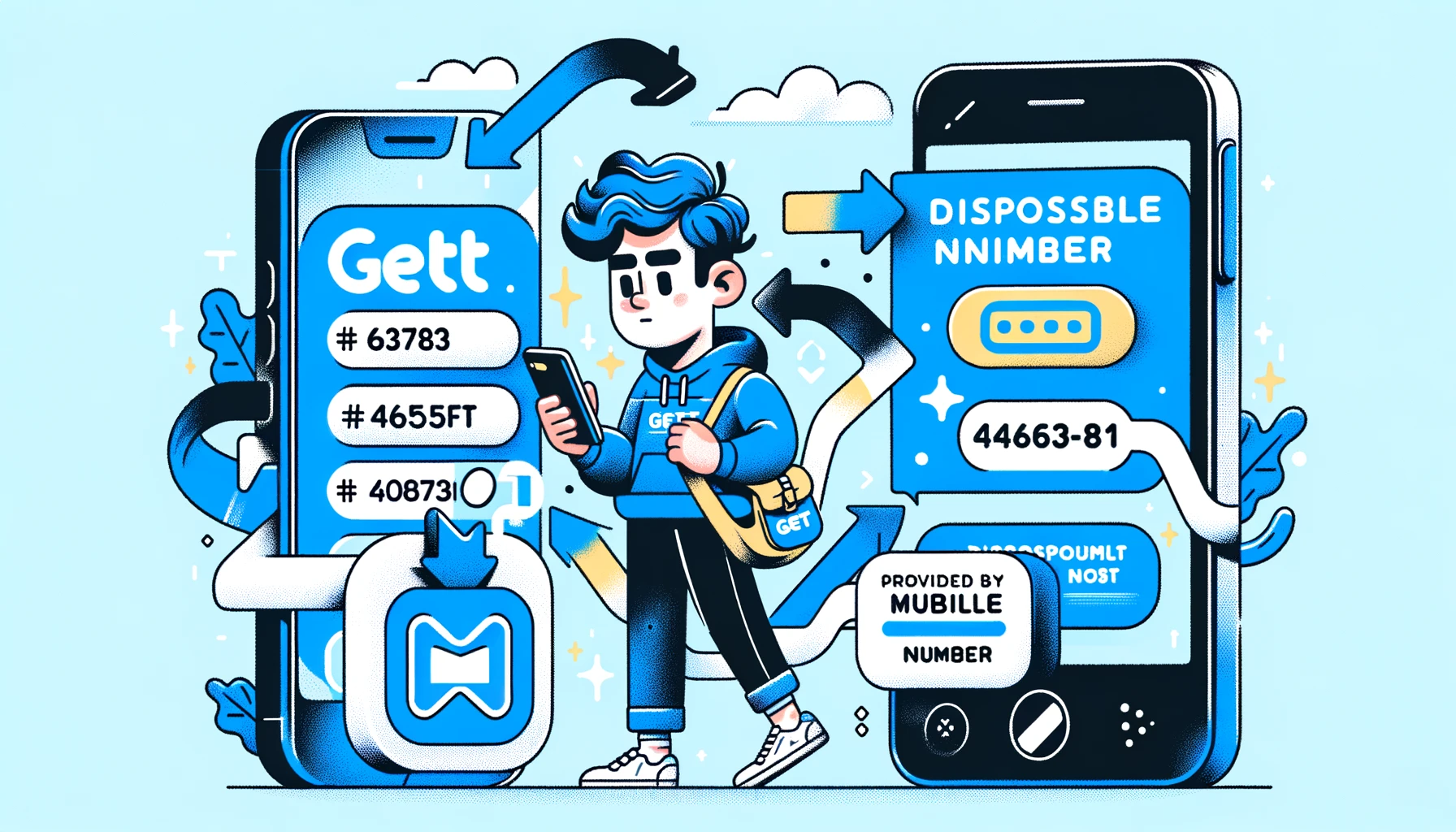Cartoon illustration of a person using a smartphone to enter a disposable phone number into the Gett app, facilitated by MobileSMS.io.