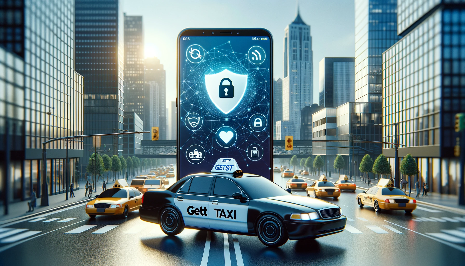 Illustration of using the Gett Taxi app anonymously with a cityscape background, showing a smartphone and privacy icon.