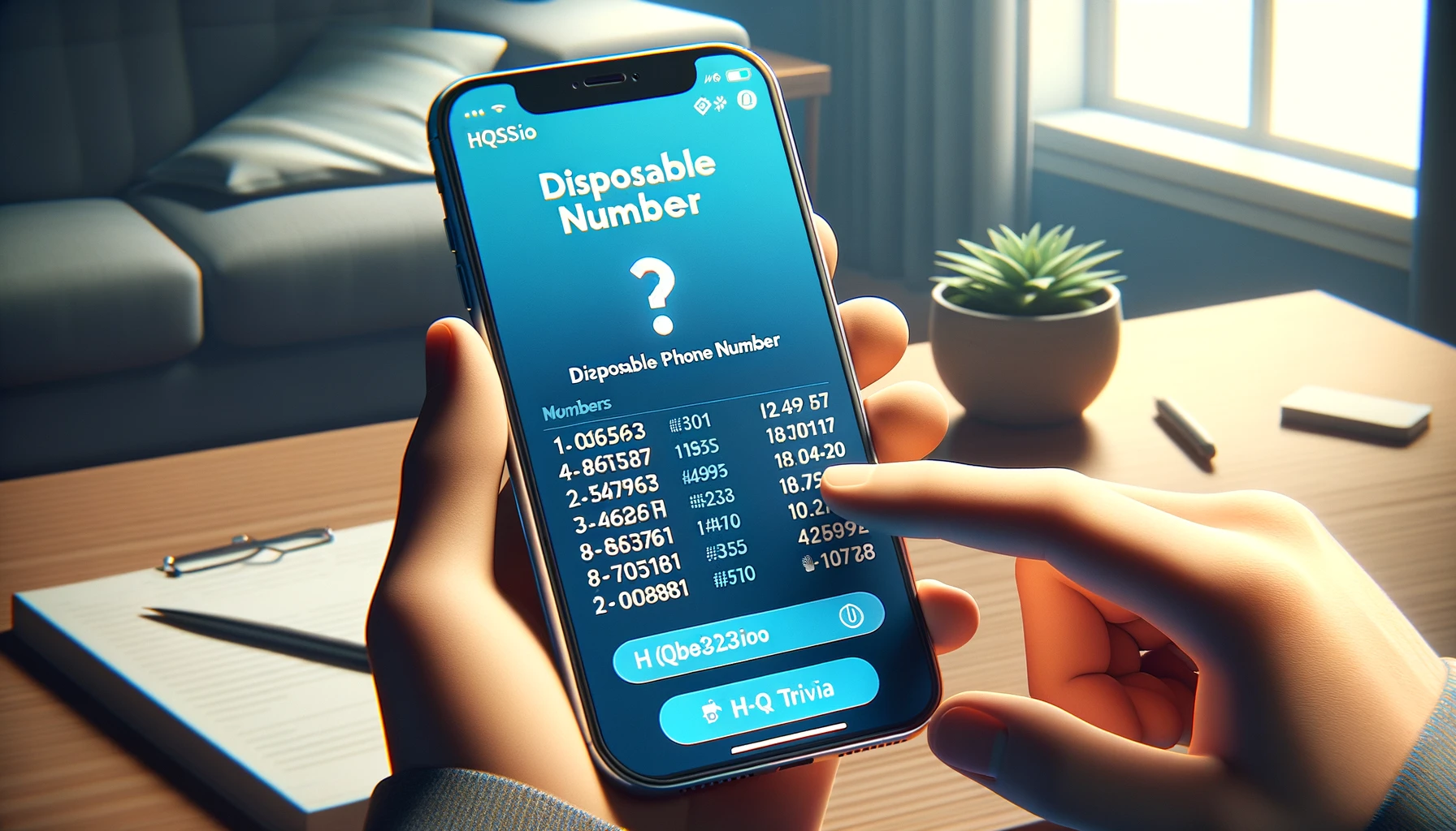 MobileSMS.io app interface displaying a selection of disposable phone numbers for HQ Trivia account creation.