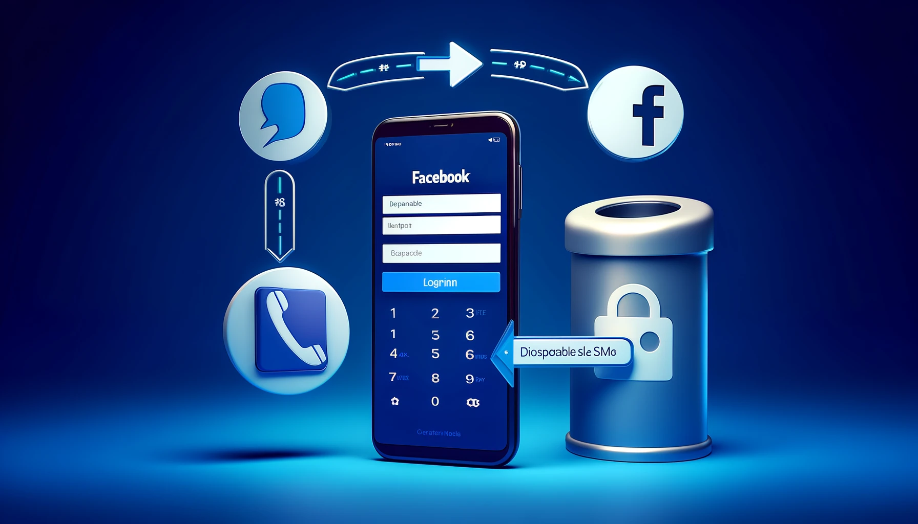 Graphic representation of a disposable phone number being used on a smartphone for Facebook signup.
