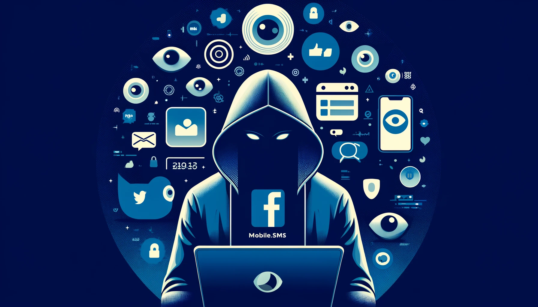Illustration of a user cloaked in a digital veil, symbolizing the need for anonymity on Facebook amid social media surveillance.