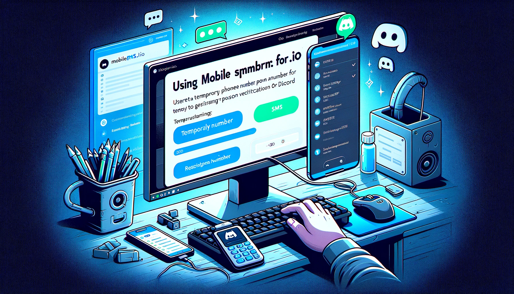 Computer screen showing the MobileSMS.io website with options for selecting a temporary phone number for Discord.