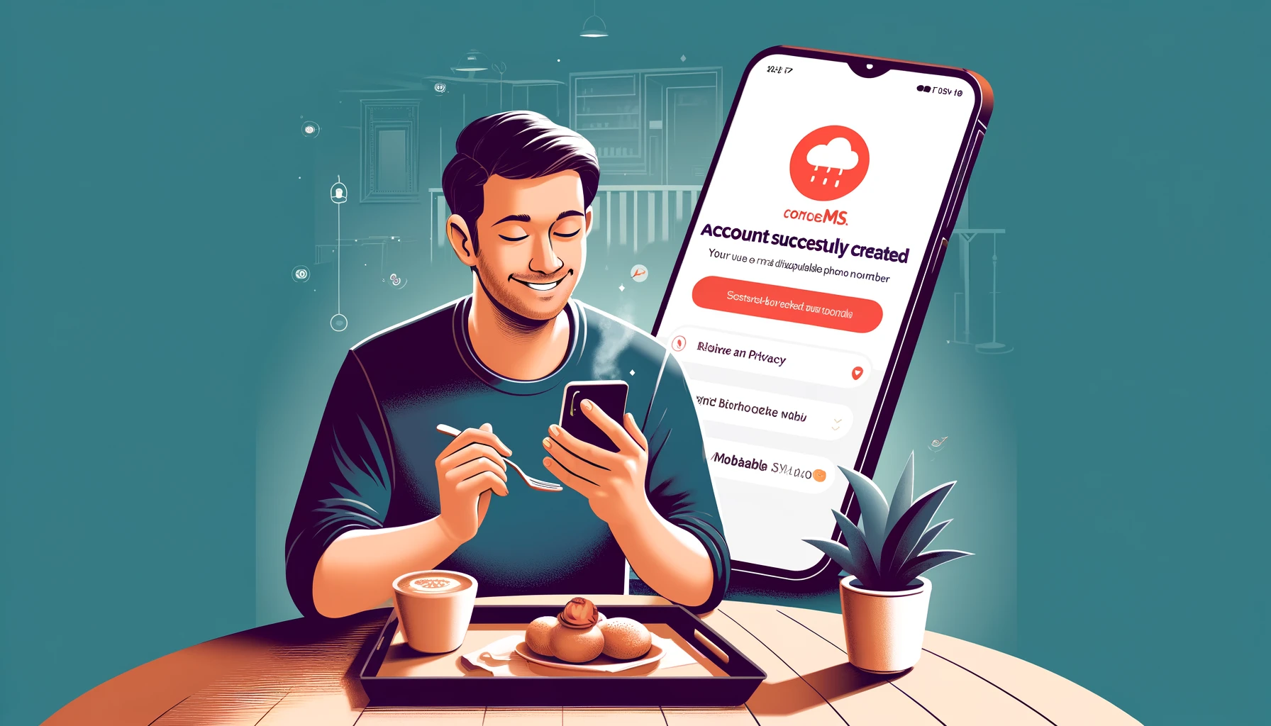 Happy user browsing Zomato on their smartphone at a cafe, with a notification indicating 'Account Successfully Created' using a disposable phone number from MobileSMS.io.