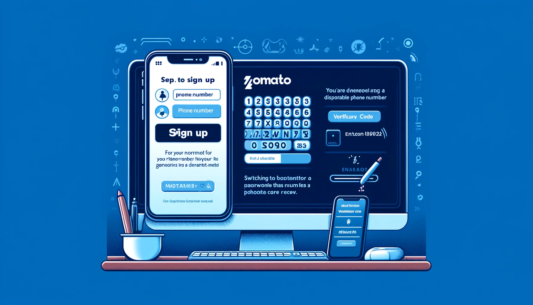Visual guide on using a disposable phone number from MobileSMS.io to sign up for Zomato, showing step-by-step process on a computer screen.