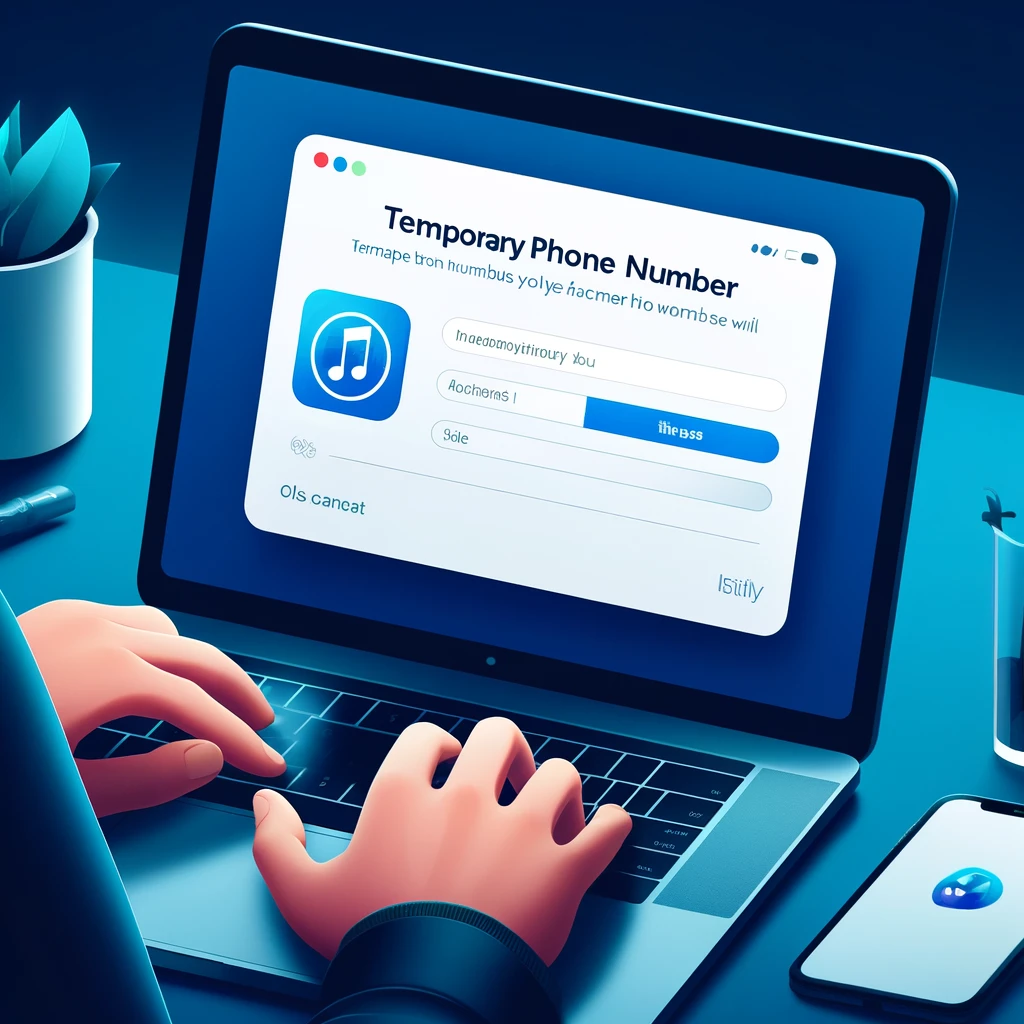 A person using a temporary phone number from MobileSMS.io on their laptop to create an iTunes account.