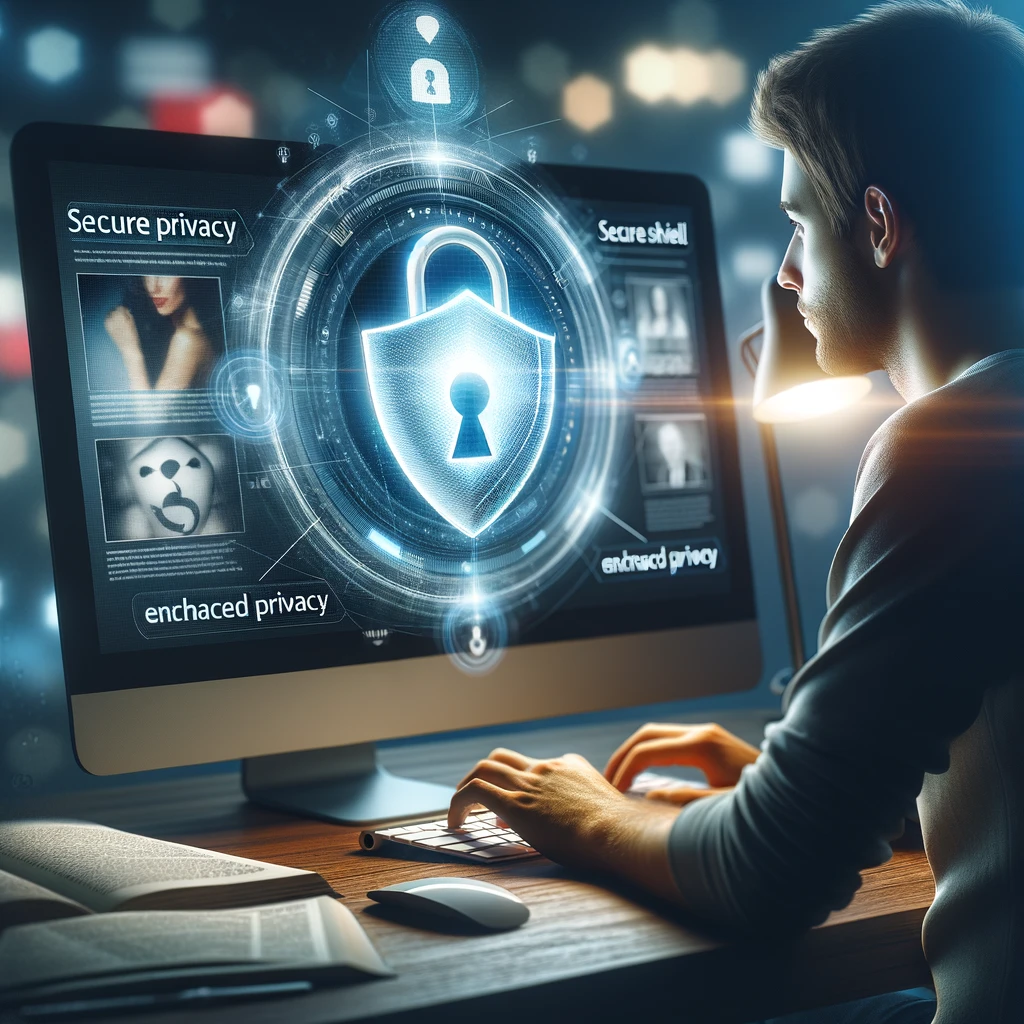 Person using a computer with a secure shield icon, representing enhanced privacy. Background includes subtle references to the Ashley Madison breach.
