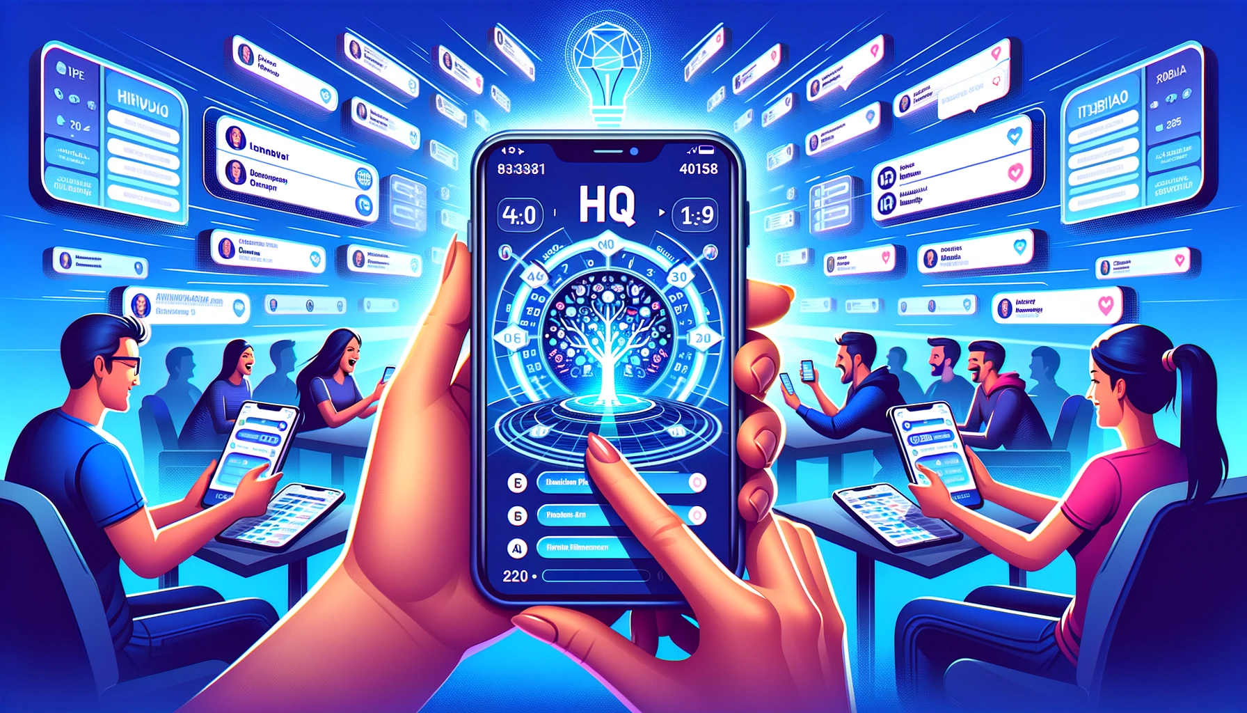 Smartphone with HQ Trivia app and multiple virtual screens symbolizing the advantage of using MobileSMS.io for multiple accounts.