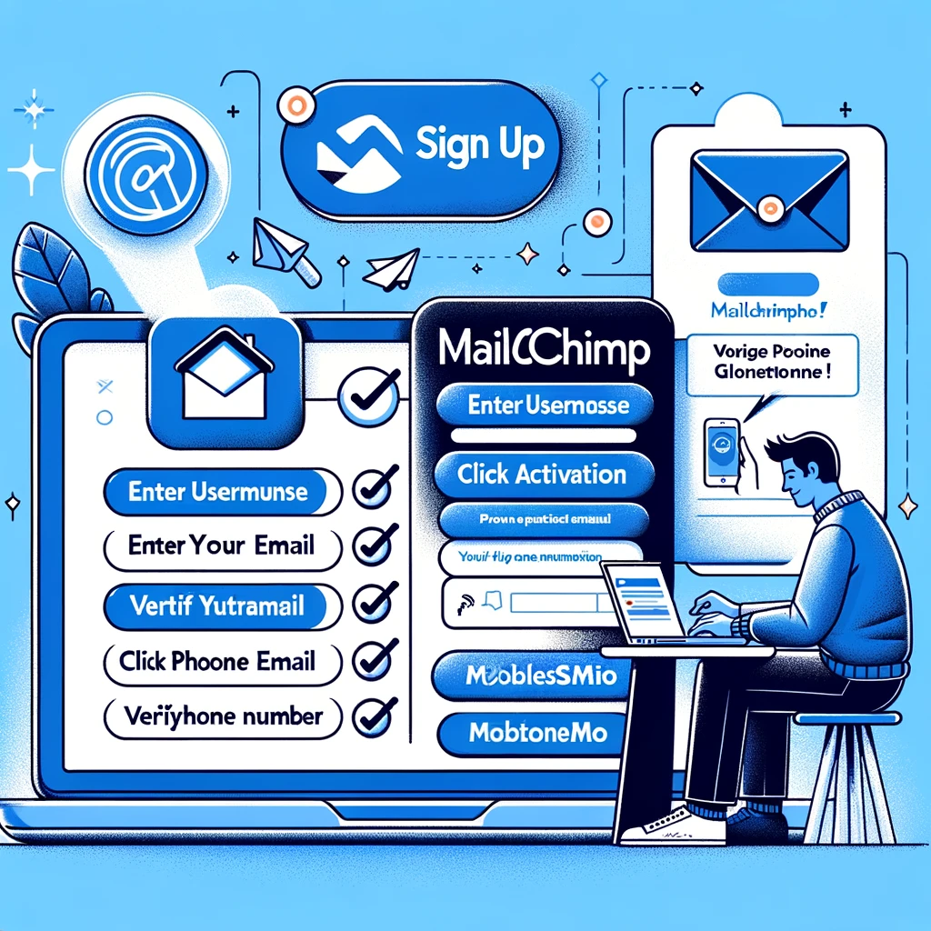 Illustration of the steps to create a MailChimp account, highlighting the phone verification step.
