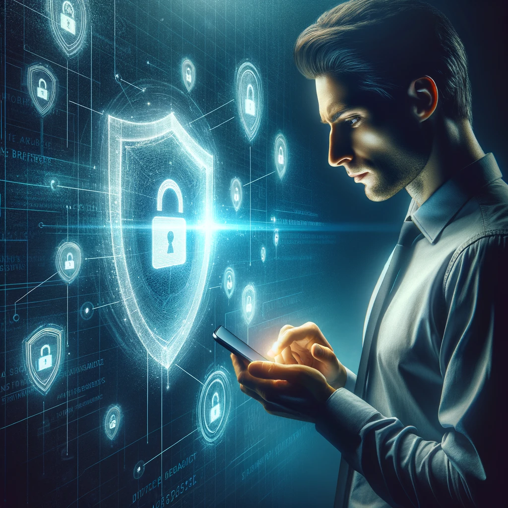 Person looking relieved and secure, using their phone confidently. Faint digital threats in the background are kept at bay by an invisible shield.