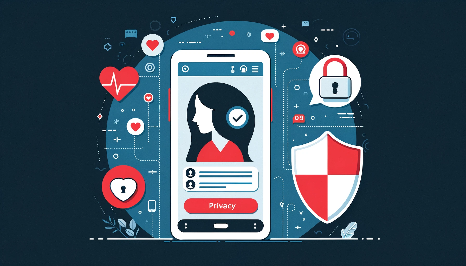An image illustrating the benefits of using burner phone numbers for online dating privacy. It features a mobile phone displaying a chat conversation where one user expresses concern about privacy, alongside a shield icon symbolizing protection. The background includes digital dating symbols and safety elements in red, white, and dark navy.