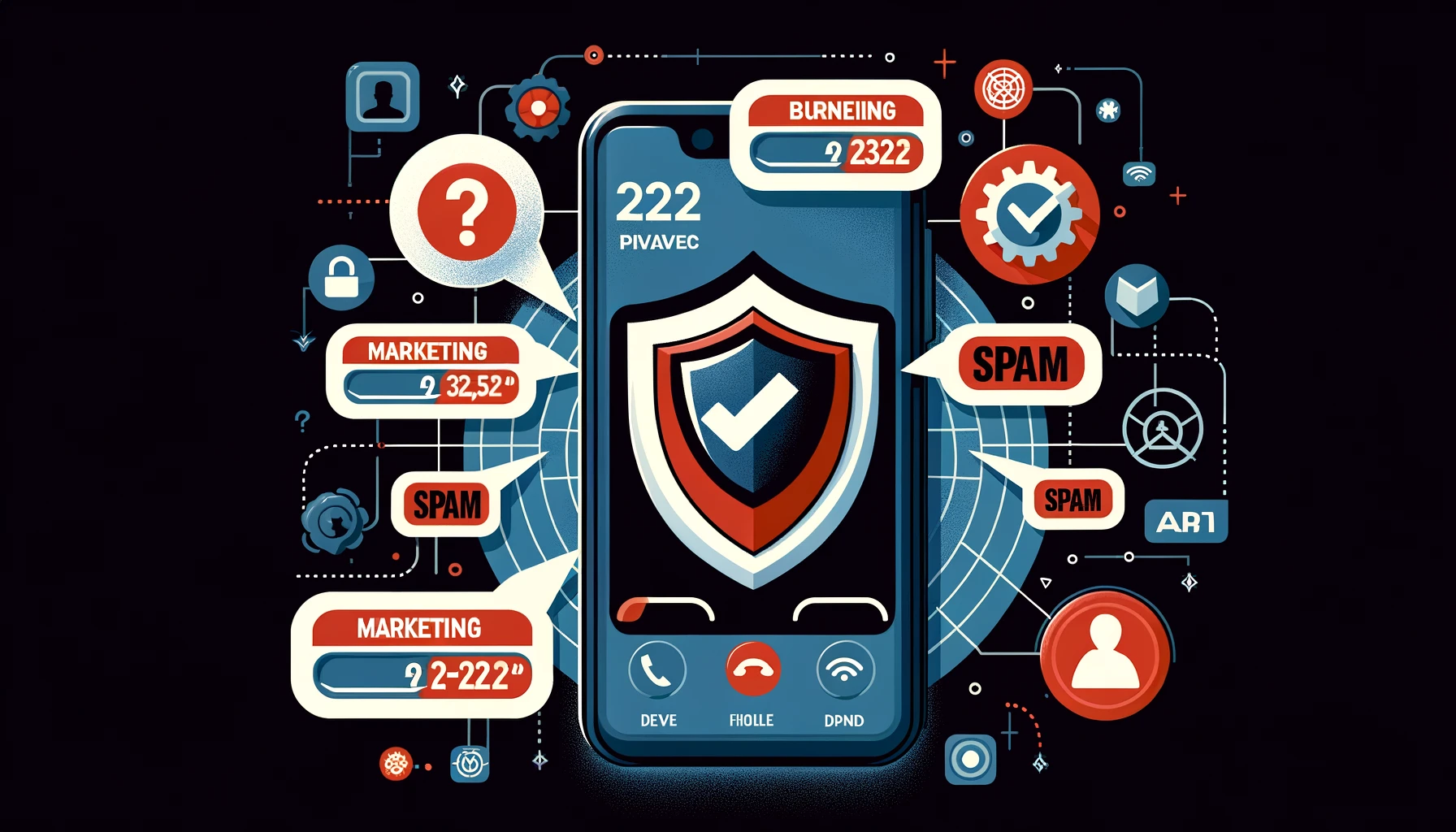 An image depicting the use of burner phone numbers for online marketing privacy, featuring a mobile phone with incoming calls labeled 'marketing inquiries' and 'spam', along with a shield icon symbolizing protection. The background includes digital marketing elements and security symbols in red, white, and dark navy.