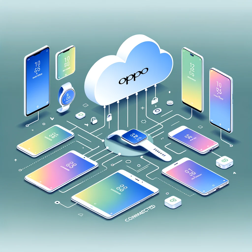 A graphical representation of Oppo's ecosystem, including devices and cloud services connecting seamlessly.