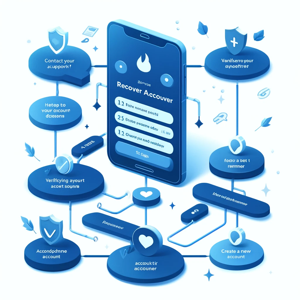 Flowchart showing steps to recover a Tinder account by contacting support and verifying the account