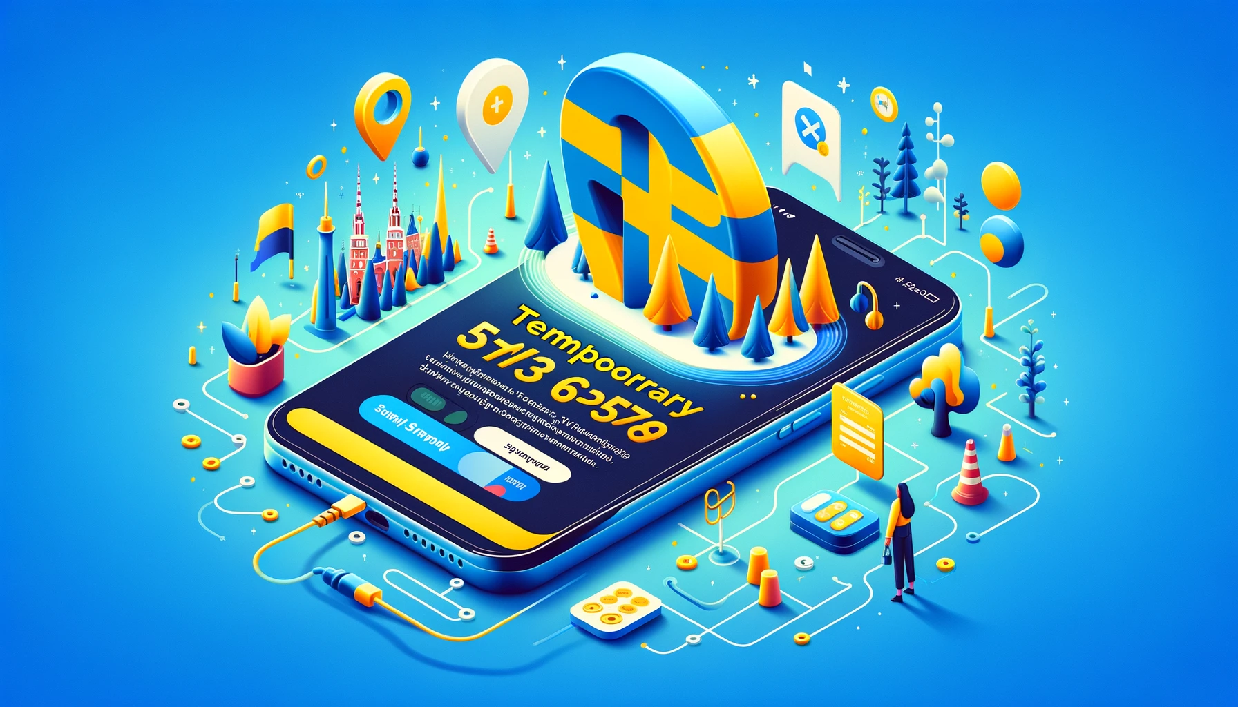 Illustration showing a user obtaining a temporary Swedish phone number, with elements representing Sweden.