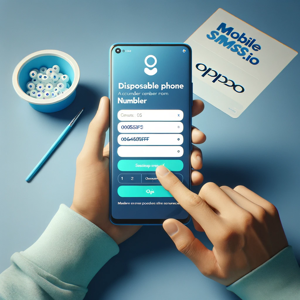 A person using a smartphone to create an Oppo account without entering a phone number, using MobileSMS.io for verification.