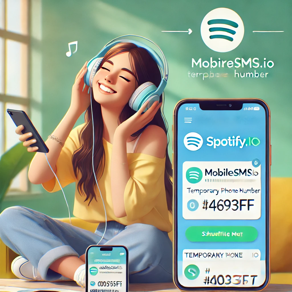 Person registering on Spotify using a temporary phone number from MobileSMS.io for privacy.