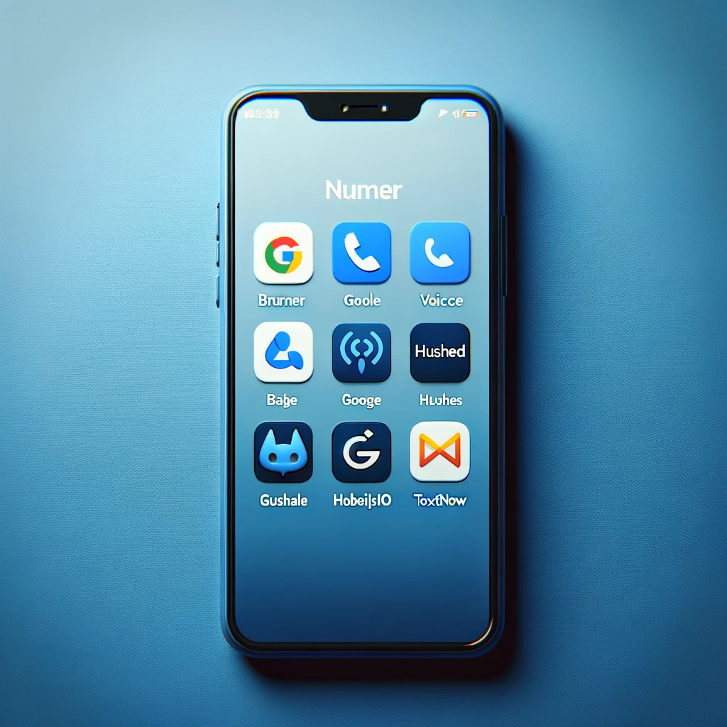 Smartphone screen showing logos of popular fake number apps Burner, Google Voice, Hushed, TextNow