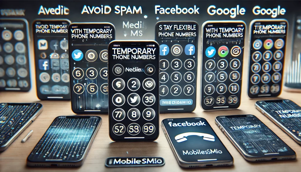 Multiple phones on a desk displaying various services using temporary phone numbers from MobileSMS.io.