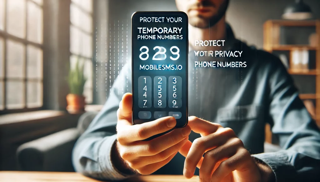 Close-up of a person holding a phone with MobileSMS.io, emphasizing privacy protection.