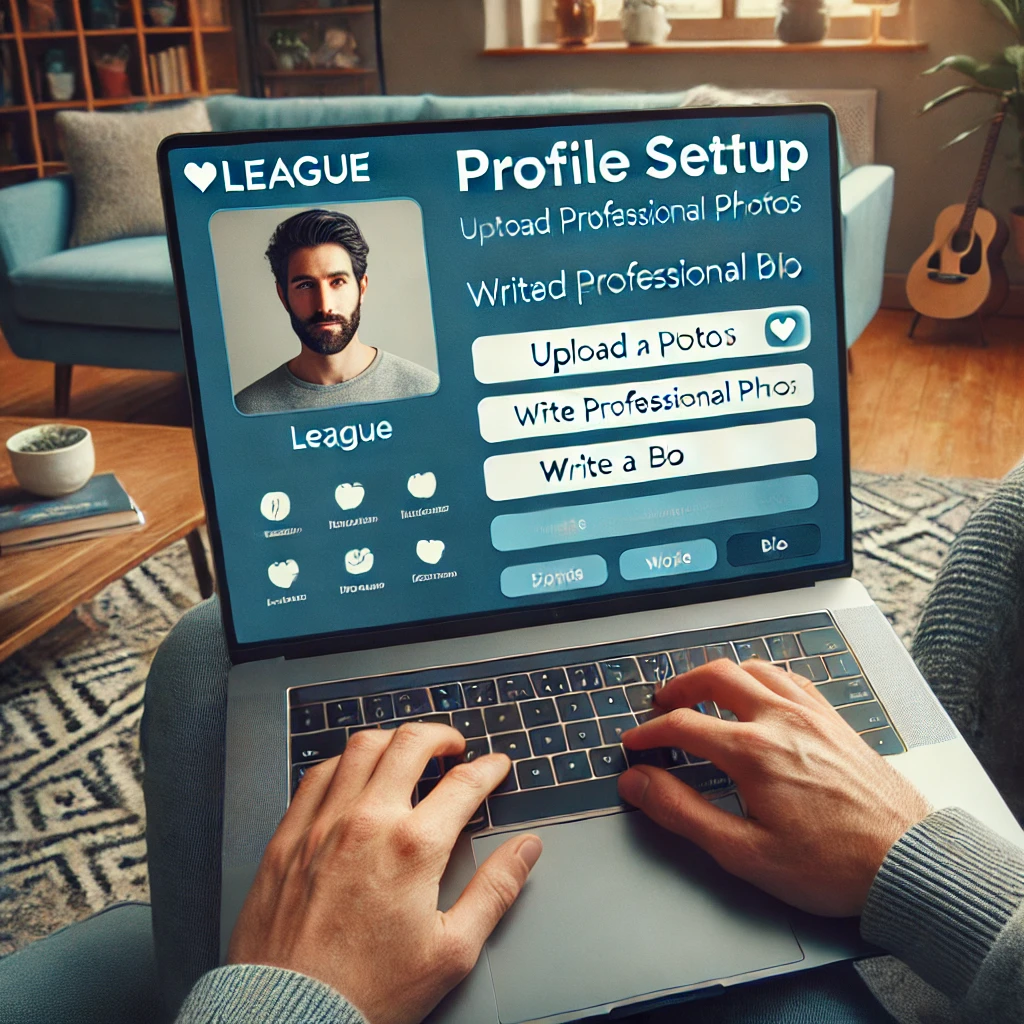 User setting up a profile on The League dating app with professional photos and bio