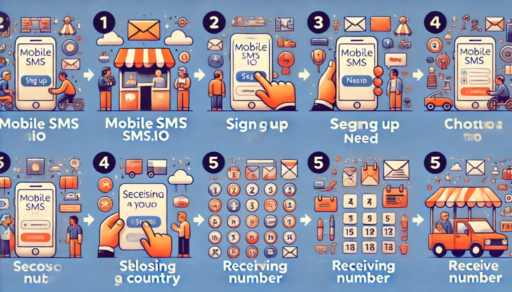 Step-by-step visual guide for obtaining a temporary phone number from MobileSMS.io.