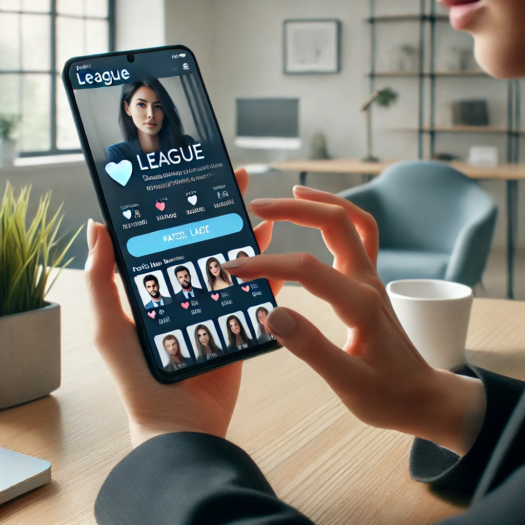 Professional woman using The League dating app on her smartphone