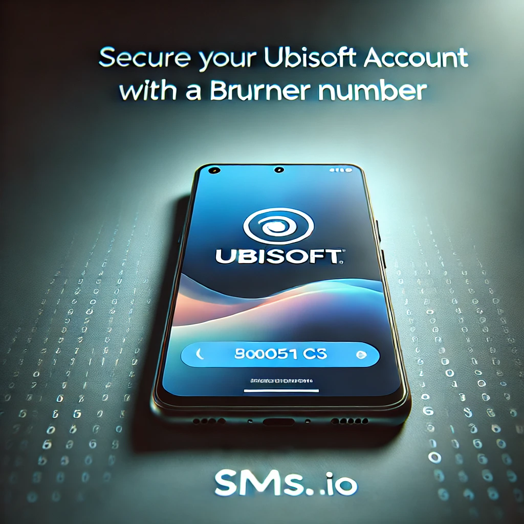Smartphone displaying Ubisoft logo with text: Secure Your Ubisoft Account using a long-term burner number.
