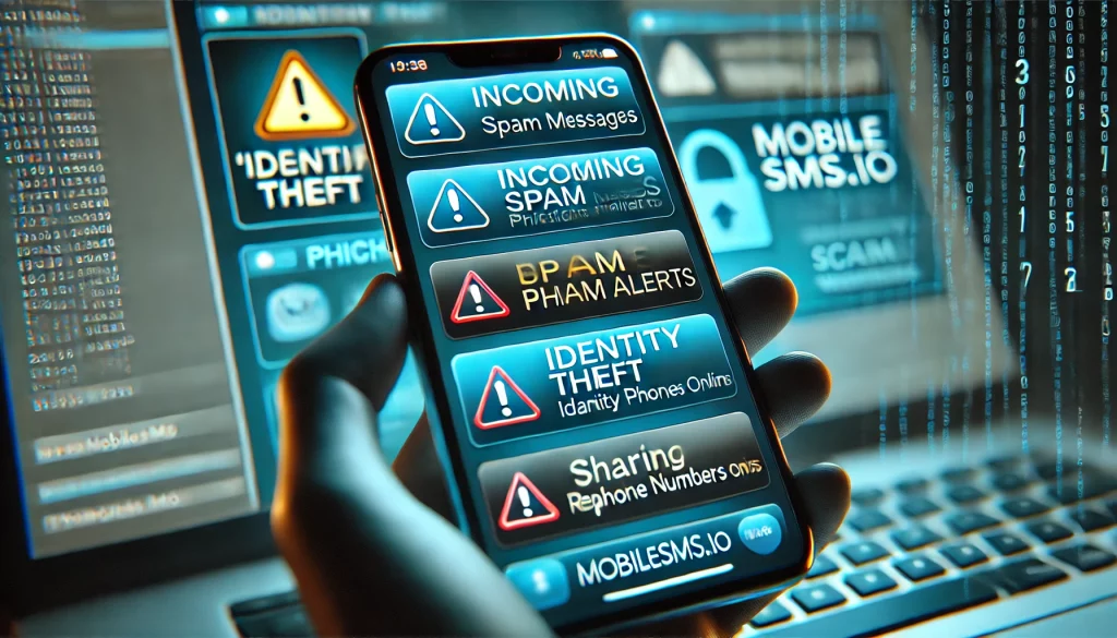 Smartphone displaying incoming spam messages, phishing alerts, and identity theft warnings, illustrating the risks of sharing a real phone number online.