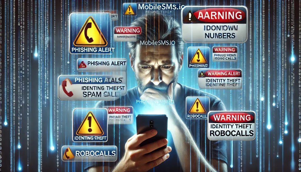 A concerned individual receiving multiple spam messages and phishing alerts, highlighting the dangers of sharing a real phone number.