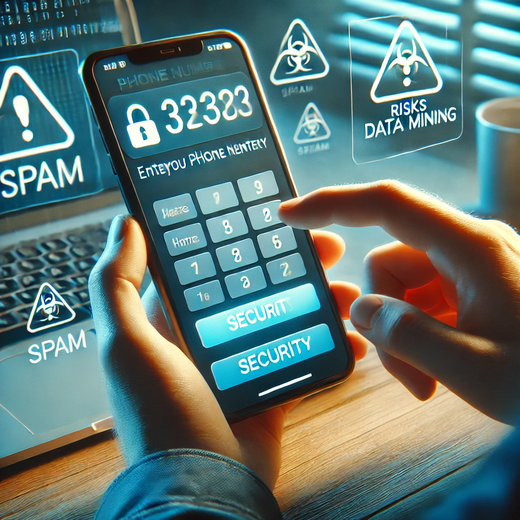 A person entering their phone number on a suspicious website with warning icons of spam and data mining.