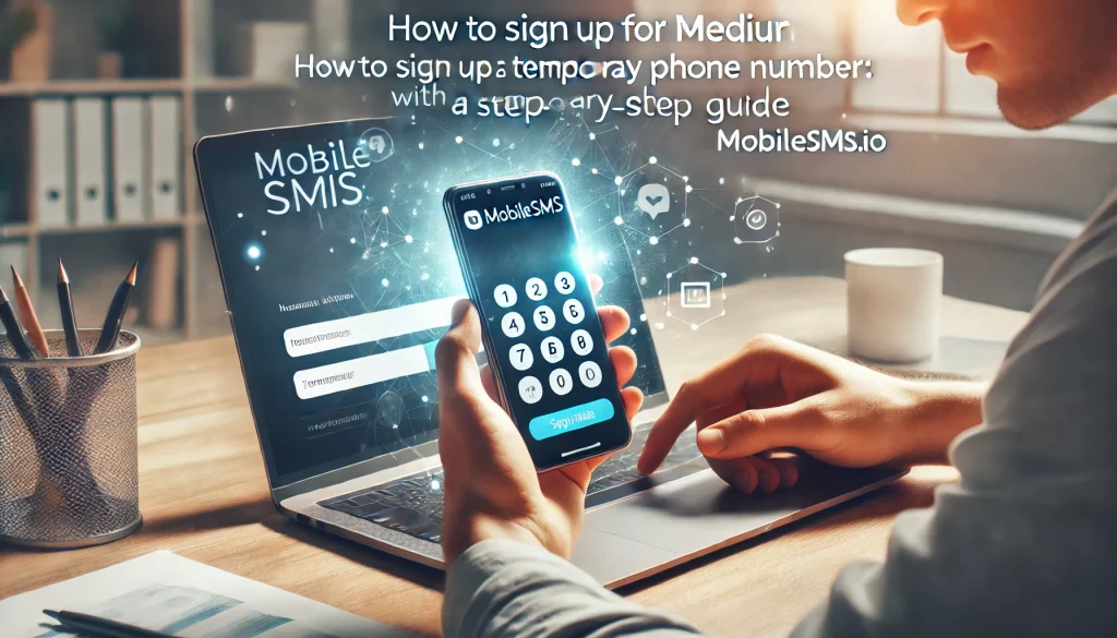 Person signing up for Medium using a laptop and temporary phone number from MobileSMS.io on a smartphone.