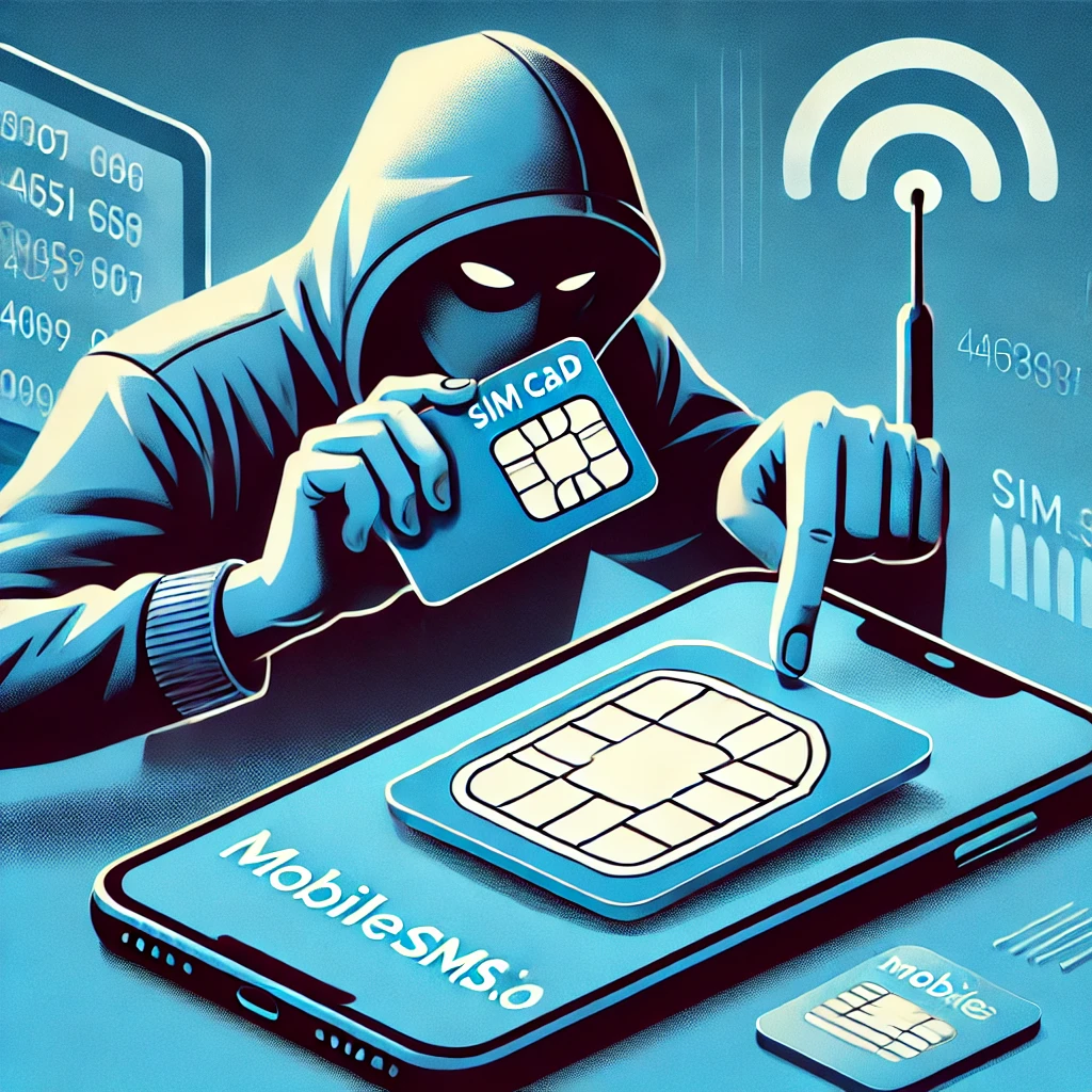 Illustration of a hacker performing a SIM-swap scam by manipulating a SIM card.