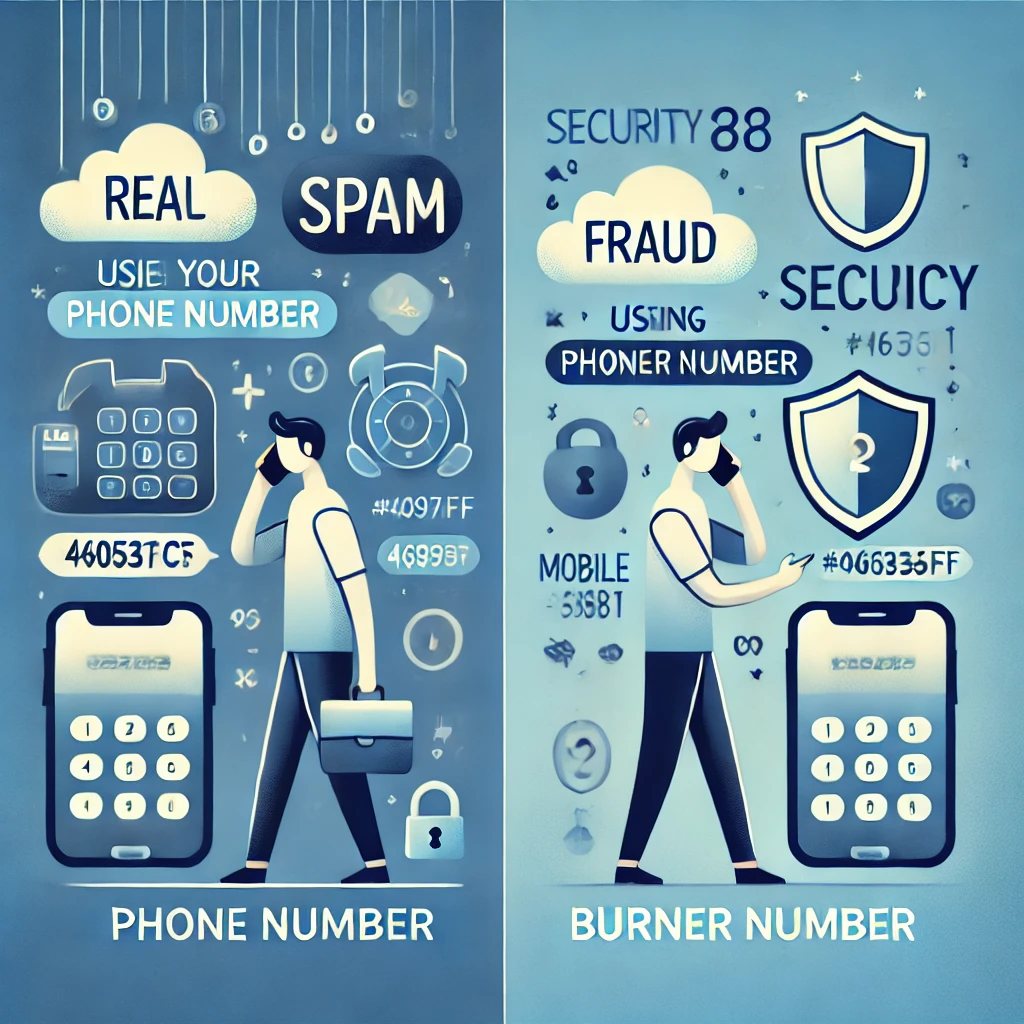 Comparison between using real phone numbers with risks versus burner numbers for privacy and security during transactions.
