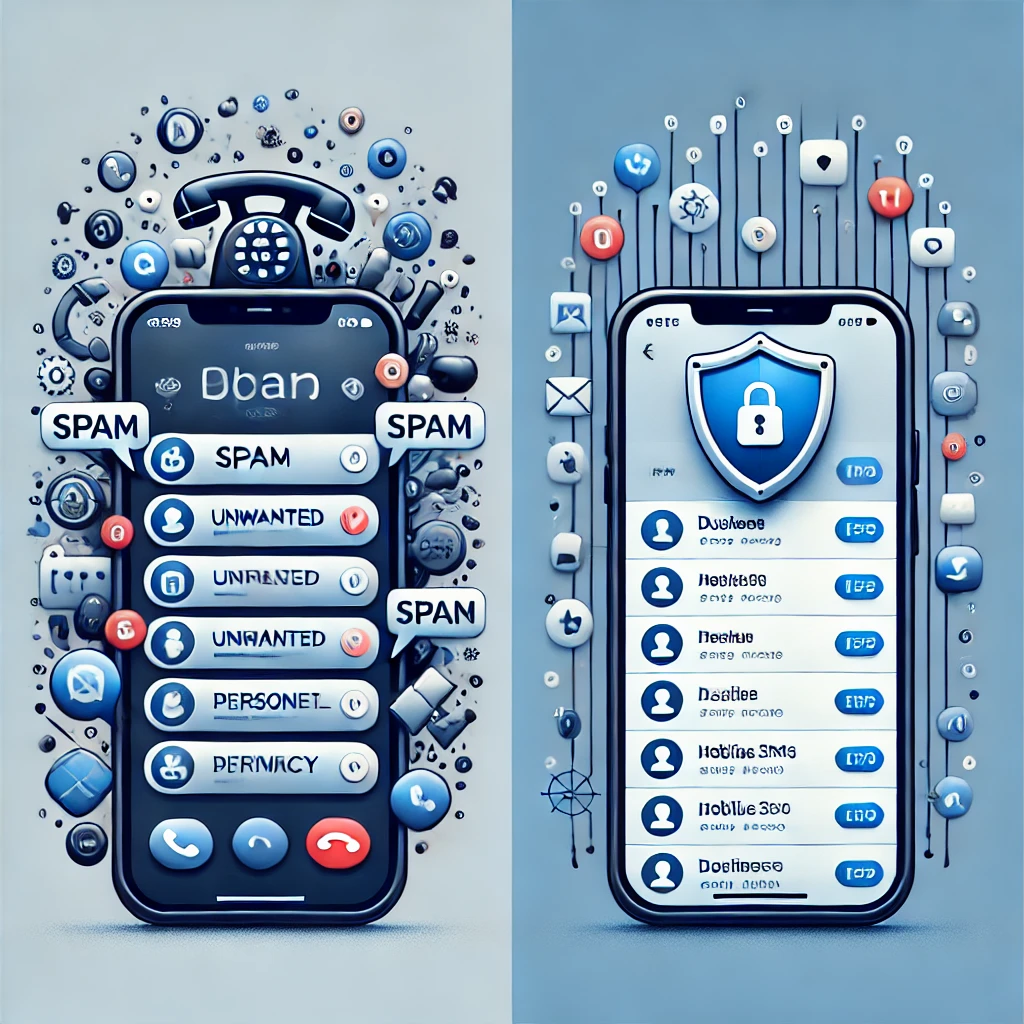 Comparison of phone with spam calls vs a clean contact list using temporary numbers.
