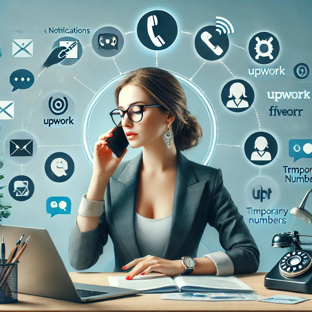 Freelancer talking on the phone while managing multiple clients, using temporary phone numbers for privacy.