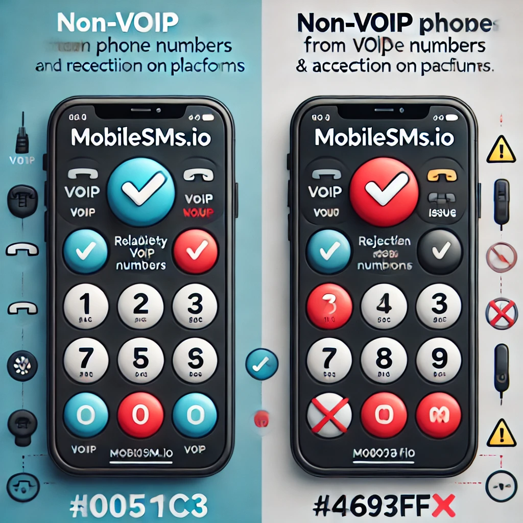 A comparison showing MobileSMS.io's reliable non-VoIP numbers versus competitors' rejected VoIP numbers.