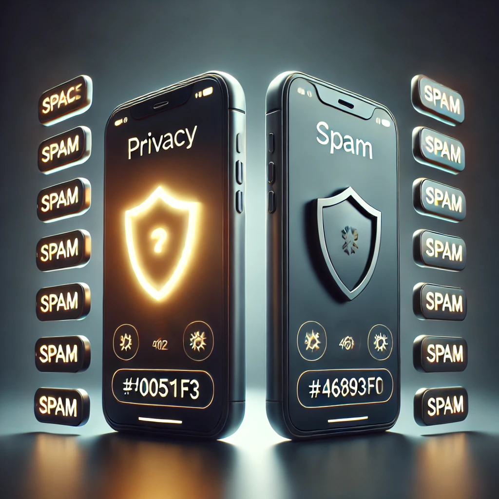 One phone protected with a privacy shield, while the other is surrounded by spam symbols representing privacy risks.