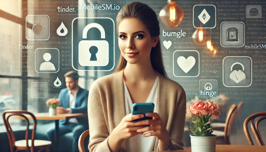 A confident woman using her phone in a café, representing privacy and security on dating apps with MobileSMS.io.