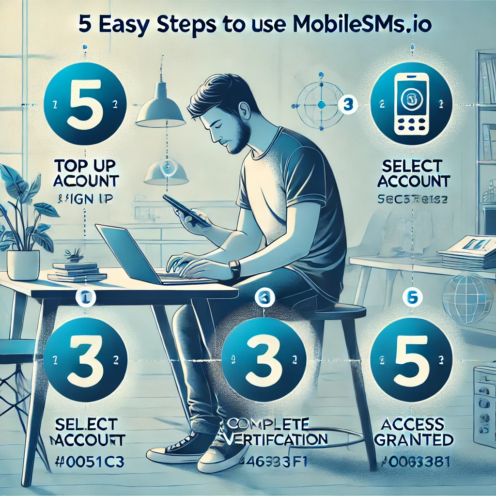 Visual guide of five steps to use MobileSMS.io for digital nomads accessing US services.