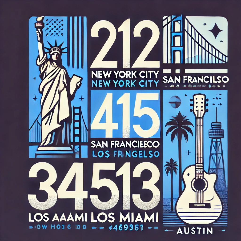 List of the top five popular US area codes in 2024 with icons representing major cities.