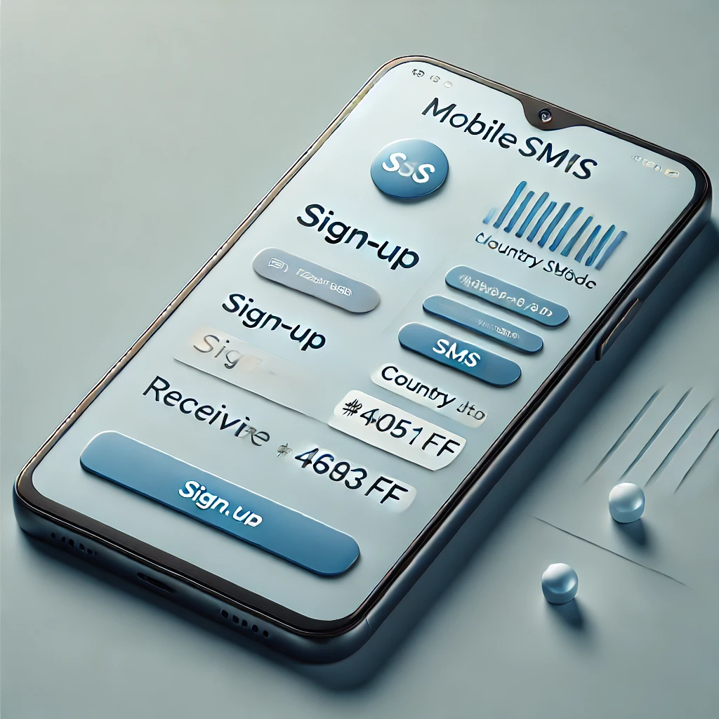 Smartphone screen showing MobileSMS.io account setup steps: sign-up, country selection, and SMS code reception in real-time.

