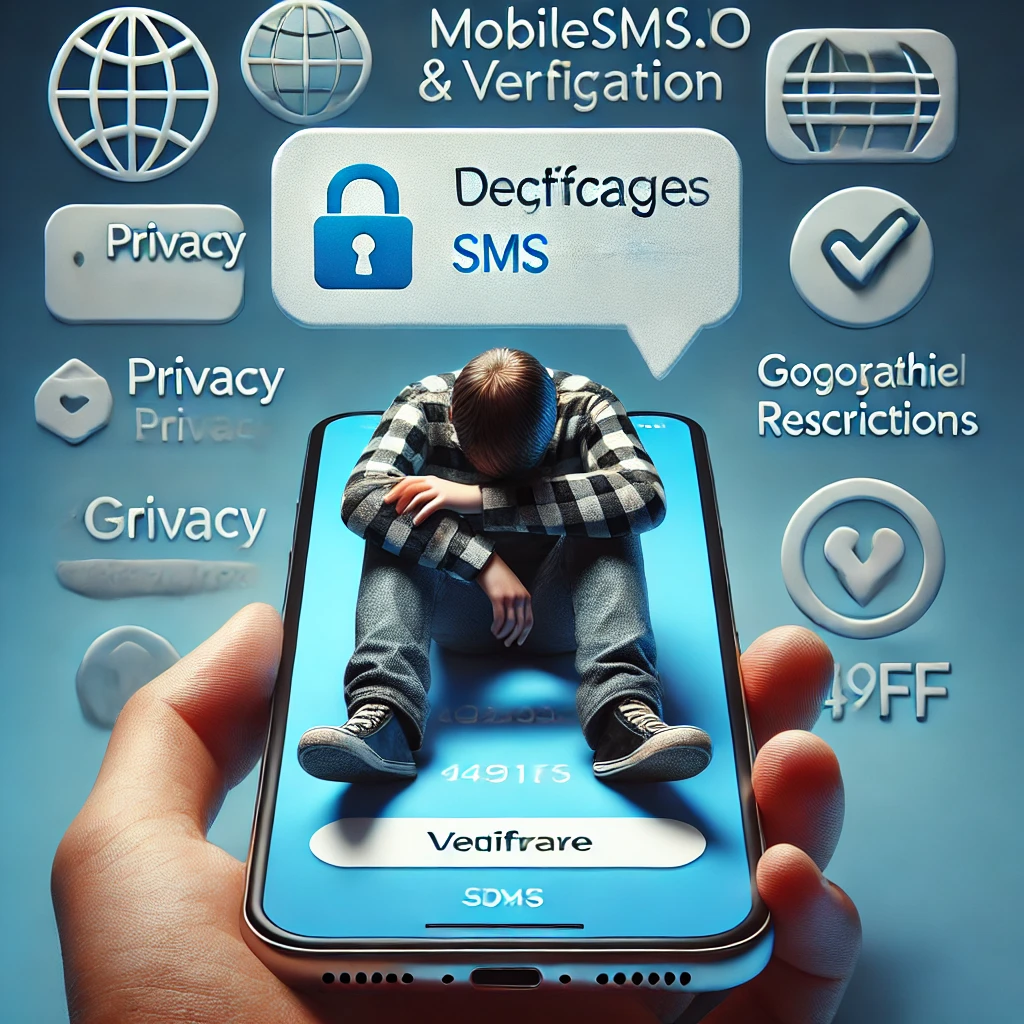 User facing frustrations with SMS verification, with icons for privacy and geographic restrictions on the phone screen.
