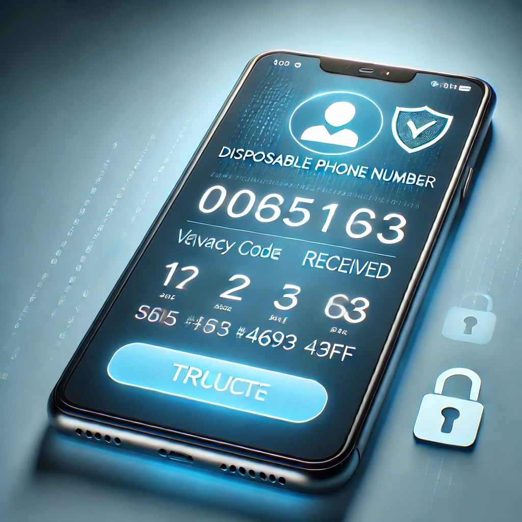 A smartphone displaying a verification code on a disposable phone number app, surrounded by icons of shields and padlocks, symbolizing privacy protection.