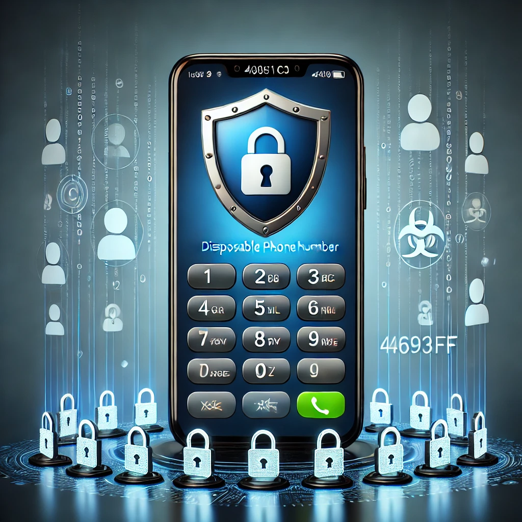 A smartphone displaying a disposable phone number app interface surrounded by digital icons of shields, padlocks, and anonymized avatars, symbolizing privacy protection.