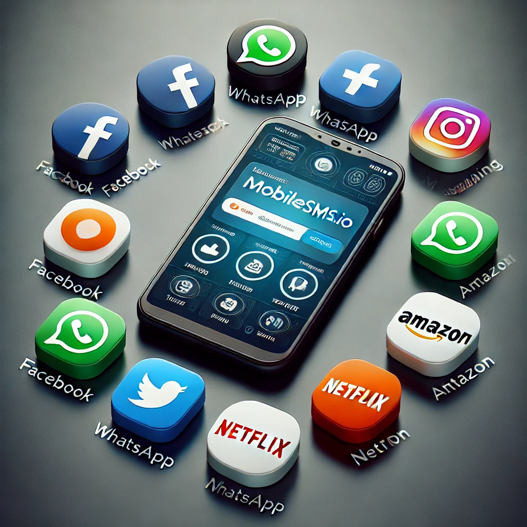 Smartphone showing MobileSMS.io dashboard surrounded by icons of popular platforms like Facebook, WhatsApp, Amazon, and Netflix.
